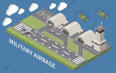 Military airbase airfield aerodrome facility with hangars traffic control tower landing aircraft ...