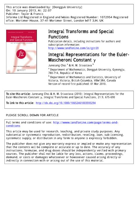 (PDF) Integral Representations for the Euler-Mascheroni Constant γ