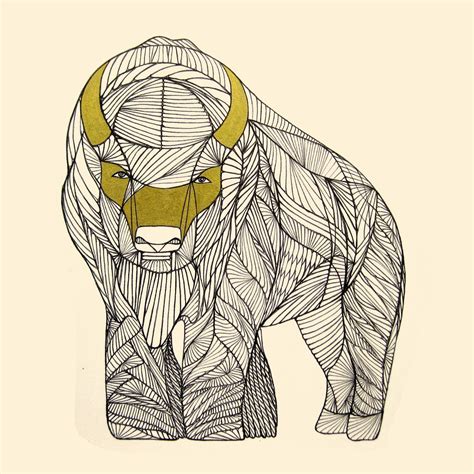 BUFFALO ART PRINT Native Animal Line Drawing by Thailan When.