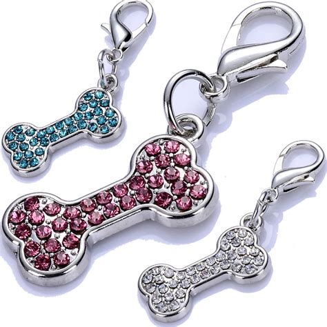 Wholesale Pet Tags Dog Collar Charms Crystal Pendant Bone Shaped Dog Accessories Mixed Pink Blue ...