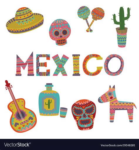 Mexico set symbols mexican culture cartoon Vector Image