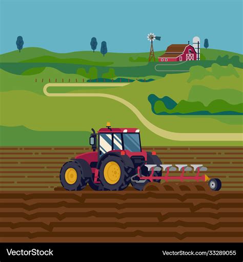 Cool flat on farming with tractor plowing a field Vector Image