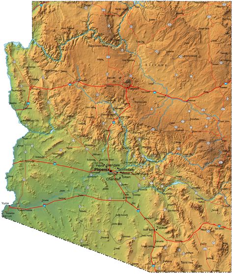 Detailed elevation map of Arizona state with roads and cities | Arizona state | USA | Maps of ...