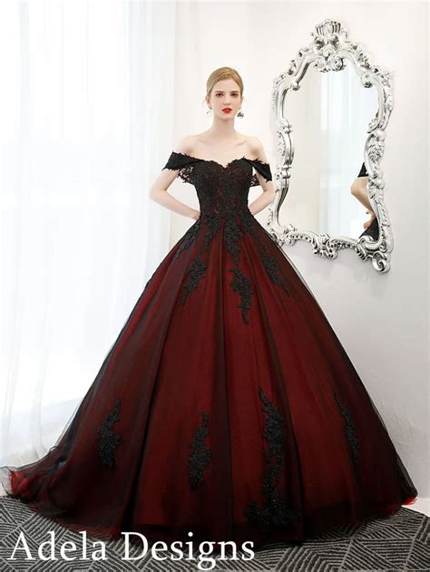 Black and Dark Red Ball Gown Gothic Wedding Dress Bridal off - Etsy Dark Red Wedding Dress ...