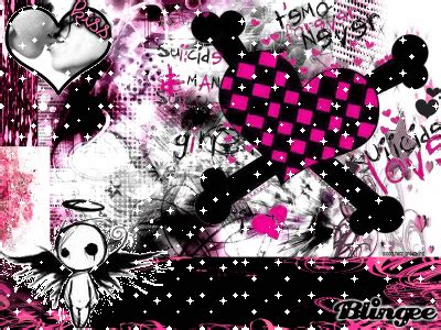 a pink and black wallpaper with hearts, skulls, and other things on it