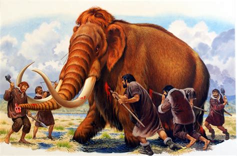 Early Hunters Attacking a Woolly Mammoth by Bernard Long at the Illustration Art Gallery