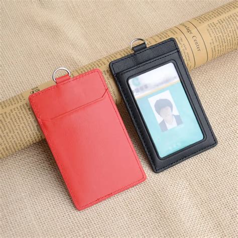 Slim Card Holder 2 sided vertical style genuine cow leather ID badge holder with 1 ID window and ...