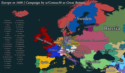 Map of Europe on 1st January 1600 | Playing with Great Britain in version 1.30 | Done with ...