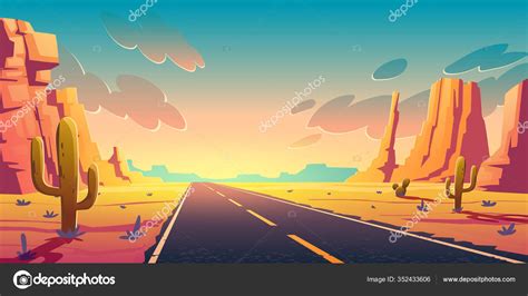 Sunset in desert with road, cactuses and rocks Stock Vector Image by ©klyaksun #352433606