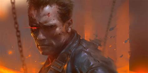 Terminator 2, T-800, cyborg, Arnold Schwarzenegger, chains, fire, drawing HD Wallpaper