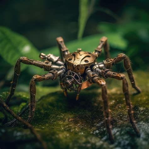 Premium AI Image | Spider macro photography of a steampunk spider in nature