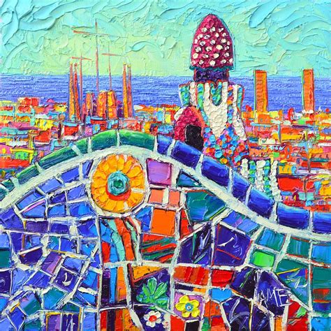 GAUDI'S SUNFLOWER MOSAIC BARCELONA PARK GUELL textural impasto knife oil painting Ana Maria ...