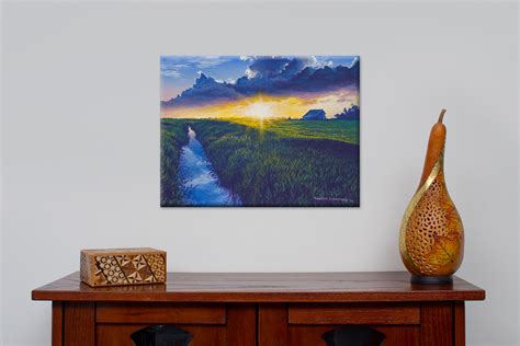 Corn Field Sunset Painting, Realistic Landscape, Country Decor