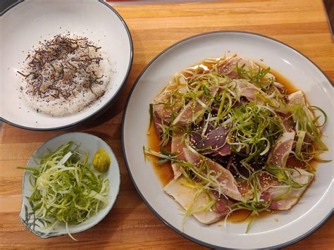 Katsuo, Albacore, and Hamachi tataki with a loootta green onions - Dining and Cooking