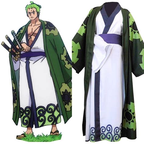 Parrucche e parrucchini Anime One Piece Roronoa Zoro Costume Cosplay Kimono Robe Abito intero ...