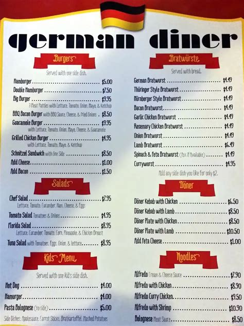 Menu at German Diner restaurant, Lacey, Martin Way E