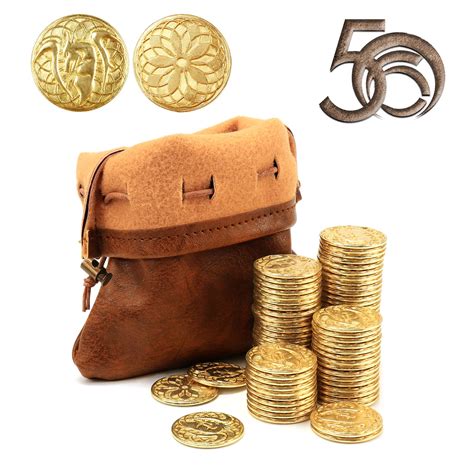 Buy 50 PCS Gold Coins & PU Leather Bag, DND Metal Coins, Fantasy Coins Treasure for Board Games ...