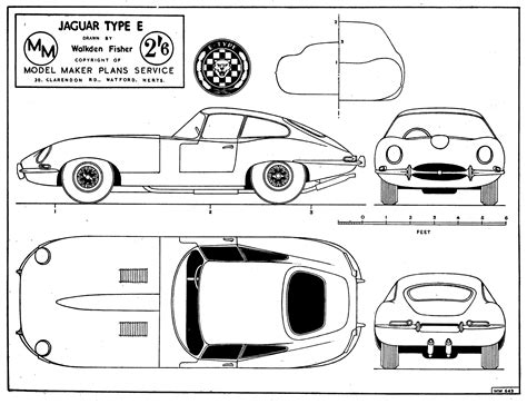 Jaguar E-Type 1961 Blueprint - Download free blueprint for 3D modeling