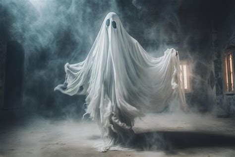 Human in spooky ghosts costume flying inside the old house or forest at night. Spooky halloween ...