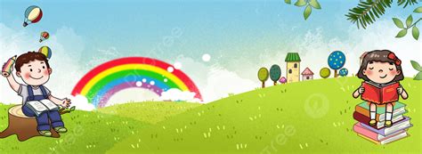 Lawn Reading Children Cartoon Kindergarten Enrollment Background Material, Lawn, Children ...