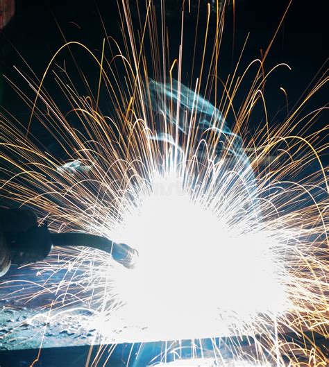 Welding With Sparks In The Factory. Stock Image - Image of accuracy ...