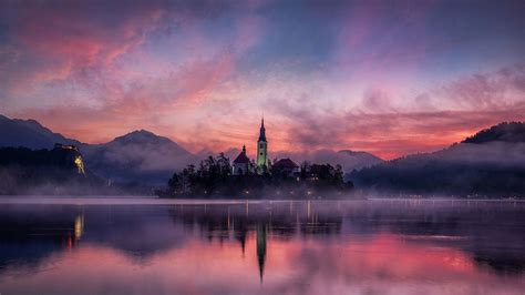 Sunrise Red Sky Lake Bled Early Morning Slovenia 4k Ultra Hd Wallpaper ...