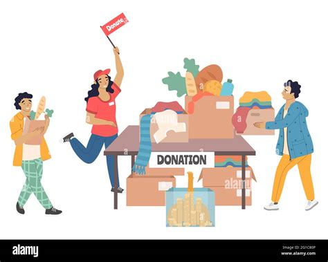 Volunteers collecting money, groceries, clothes for homeless, vector illustration. Volunteering ...