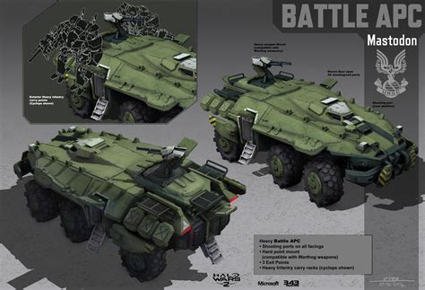 Halo Wars 2 concept art for the Mastodon, showing potential side seating two cyclops units in ...