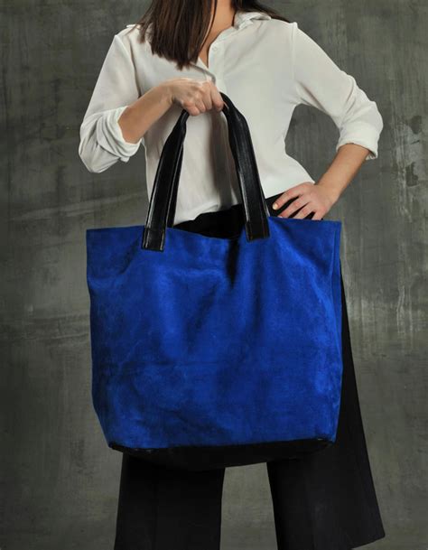 Blue Leather Tote Bag, Large Leather Shoulder Bag, Suede Shopping Bag, Suede Tote Bag, Cobalt ...