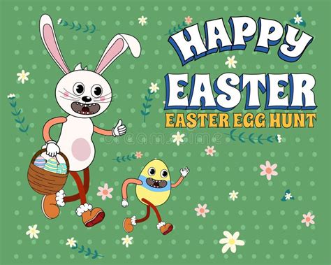 Vintage Happy Easter Groovy Cartoon Banner Retro. Funny Bunny with Egg, Easter Egg Hunt Stock ...