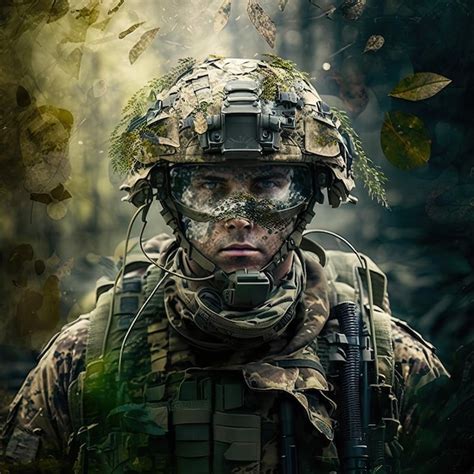 Premium Photo | A soldier with a camouflaged helmet and a tree branch ...