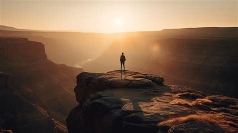 Premium Photo | A man stands on a cliff overlooking a sunset.