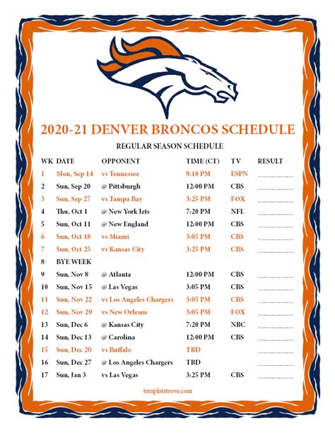 Printable 2020-2021 Denver Broncos Schedule