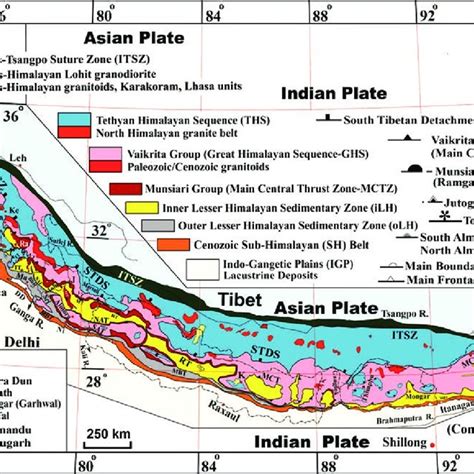 Geological map of the Himalaya and distribution of main litho-tectonic ...