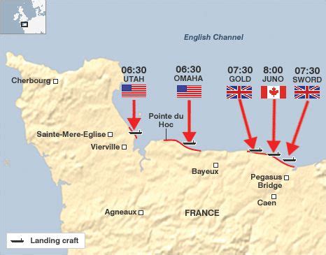 A map showing the location of the 5 beaches and the time at which landing craft hit the beaches ...