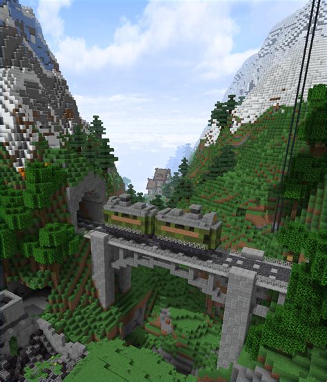 Train on a bridge between mountain ridges : r/Minecraft