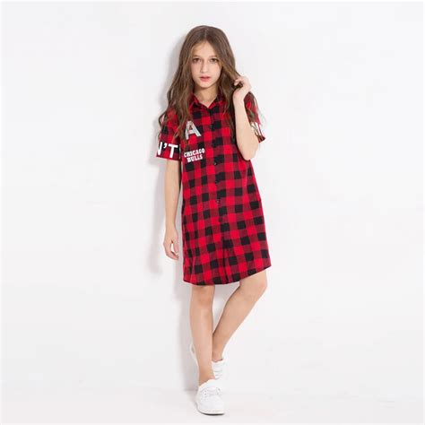 Girls School Clothing Size 7 8 10 12 14 Dress Red Plaid Letter Printed Long Shirt for Little ...