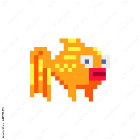 Golden fish cartoon pixel art icon. Video game sprite. Element design for mobile app and sticker ...