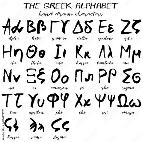 Hand drawn greek alphabet, written grunge font with black symbols of capital and lowercase ...