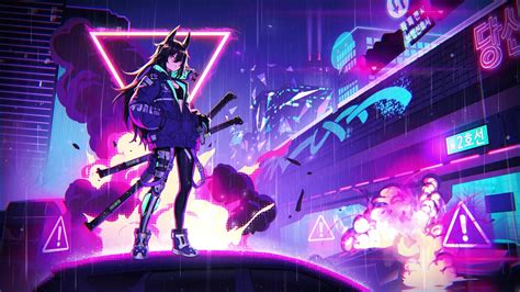 Samurai Anime Girl Neon Live Wallpaper - MoeWalls