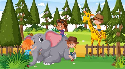 Zoo scene with many kids playing with zoo animals 2141042 Vector Art at Vecteezy