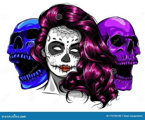 Vector Hand Drawn Colorful Illustration of Day of the Dead Skull.Sugar Skull Girl. Skull Sugar ...