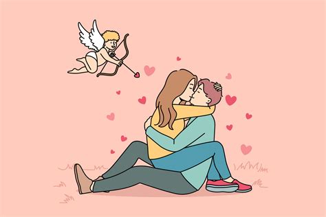 Cupid shooting with arrows in to happy couple kissing. Woman sitting on man hugging and cuddling ...