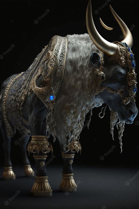 Premium Photo | A statue of a bull with a gold headdress and a gold headdress.