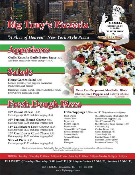 Online Menu of Big Tony's Pizzeria Restaurant, Coolangatta, Queensland ...