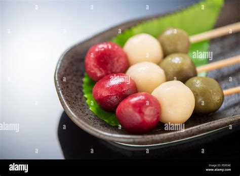 Japanese Dango dessert with 3 different color in pink(red), white, and green, recipe, hanami ...