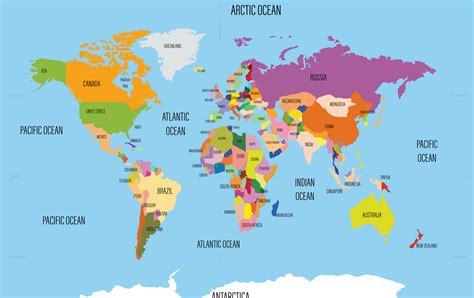 Labeled World Map with Oceans and Continents