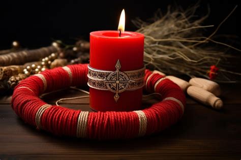 Premium Photo | Martisor symbols arranged in a circle around a lit candle