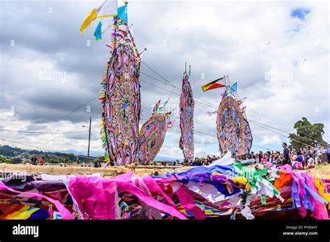 Santiago Sacatepequez, Guatemala - November 1, 2017: Fallen & standing giant kites at Giant kite ...