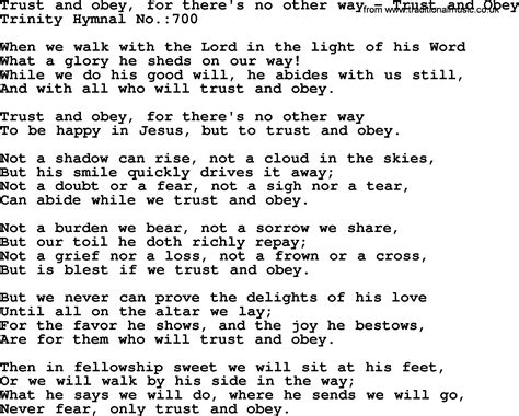 Trinity Hymnal Hymn: Trust And Obey, For There's No Other Way--Trust ...